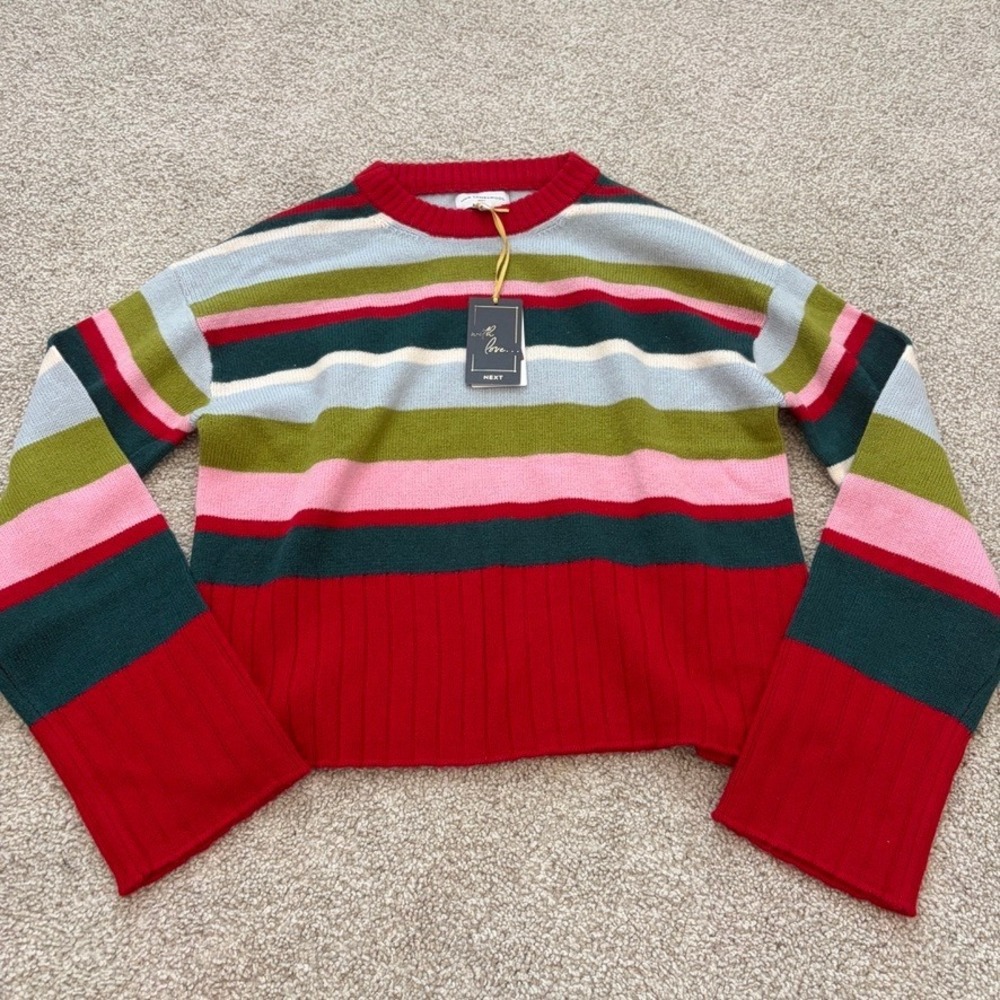 Next 100% Lambswool Striped Sweater Womens XS Multicolor Crew Neck Funky